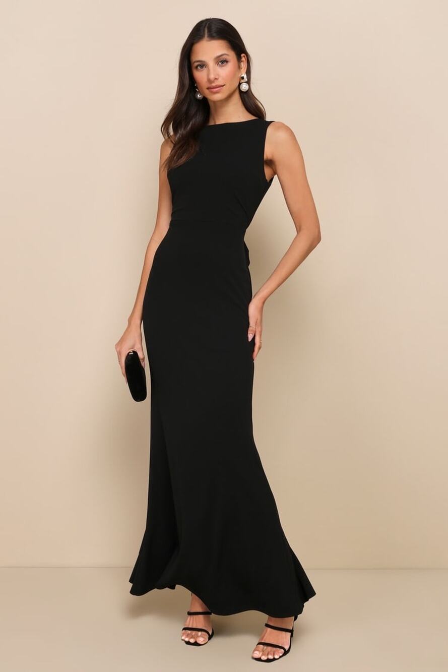 NWT Lulus Exquisite Refinement Black Backless Bow Ruffled Maxi Dress Banquet S